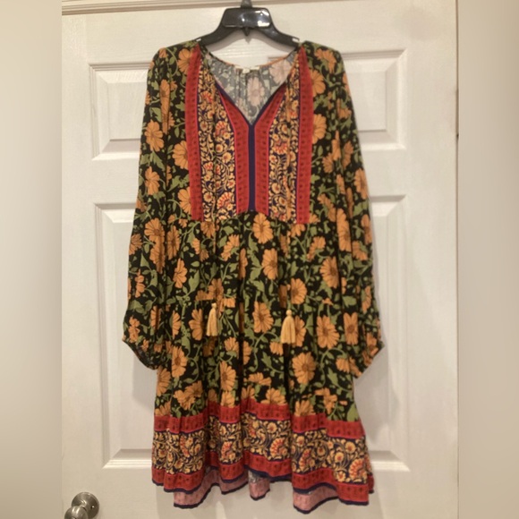 Easel Women's Boho Floral Print Tassel Tie Neck Long Sleeve Dress in Black - Picture 1 of 3